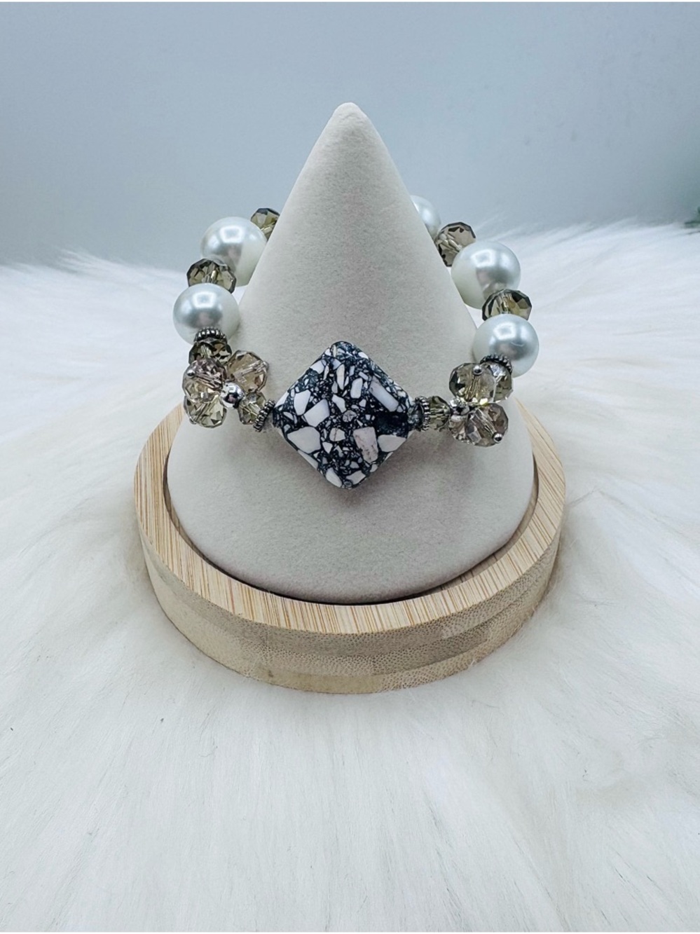 Pearl & Smoky Crystal Stretch Bracelet with Marble Stone Centerpiece